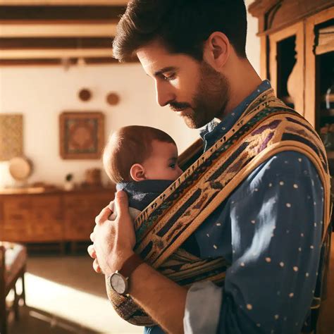 Padre usando un fular portabebé con su bebé de 3 meses