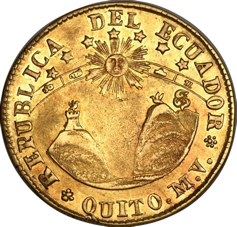 Moneda de 8 escudos de Ecuador de 1838 con el diseño original