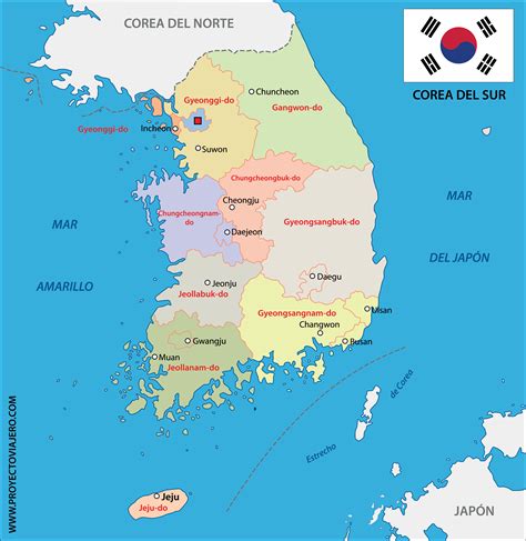 Mapa de Corea del Sur con rutas de acceso aéreo y marítimo resaltadas