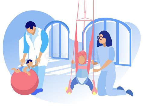 Ilustración de un fisioterapeuta trabajando con un niño en un entorno lúdico