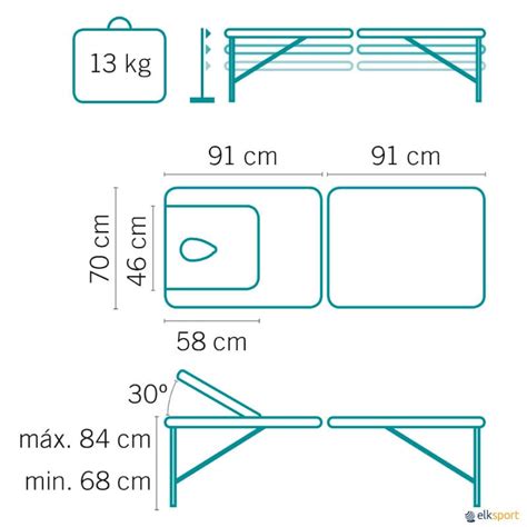 Esquema de una camilla de ducha con dimensiones y materiales