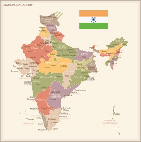 Mapa de India destacando las ciudades mencionadas con alojamiento económico