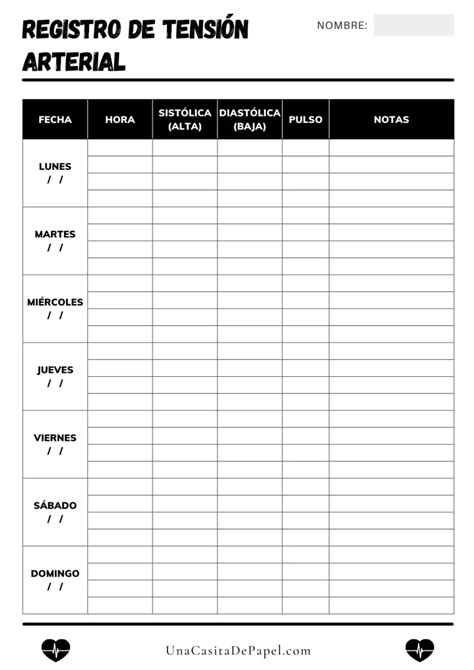 Tabla de registro de presión arterial para que el paciente anote sus mediciones diarias.