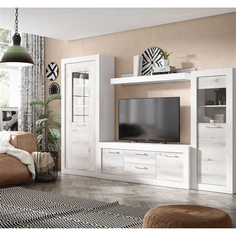 Conjunto de muebles nórdicos para salón, incluyendo sofá cama y mueble TV.