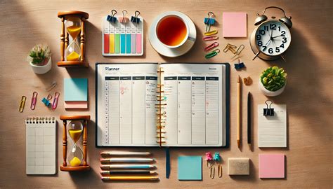 Foto de una agenda escolar abierta en una mesa de estudio con libros y útiles