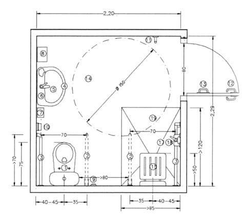 Esquema de un baño accesible con silla de ruedas para ilustrar el espacio de giro