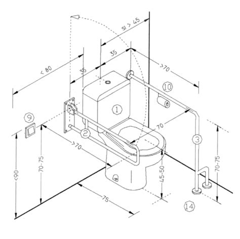 Ilustración de un inodoro accesible con las medidas de transferencia lateral