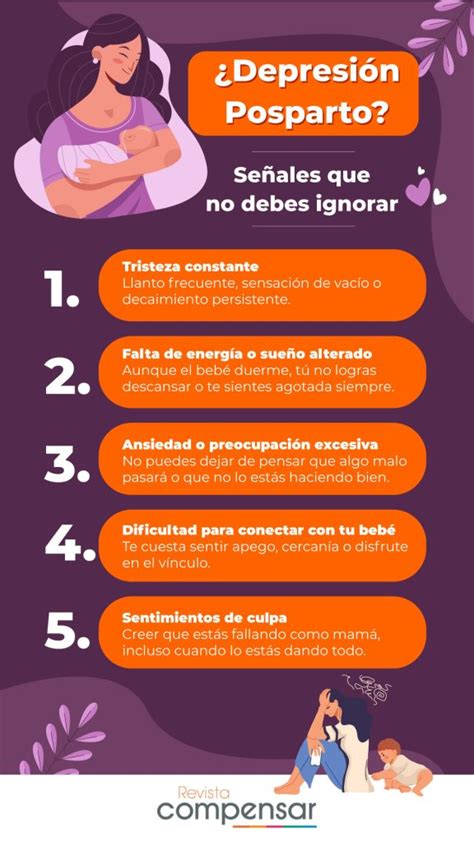 Infografía detallando los síntomas clave de la depresión posparto.