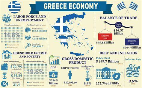 Infografía de datos económicos de Grecia, incluyendo PIB, deuda y desempleo