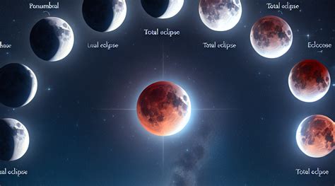 Secuencia de fotografías de un eclipse lunar total, mostrando las distintas fases.