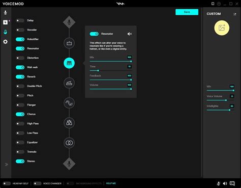 Interfaz de usuario de Voicemod mostrando opciones de modulación de voz