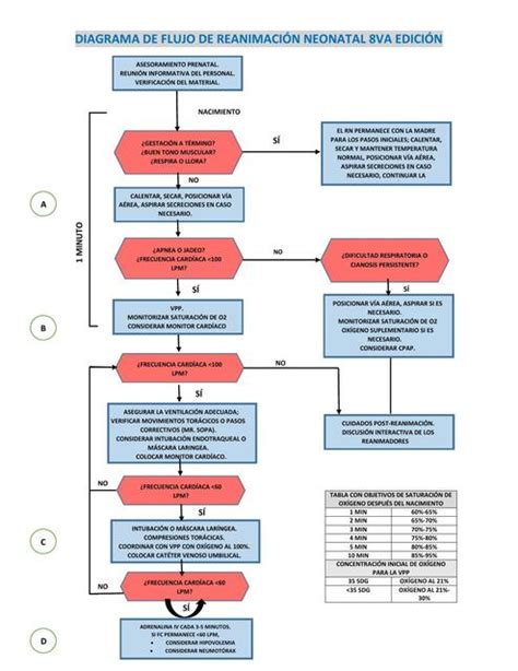 Diagrama de flujo mostrando los pasos de la reanimación neonatal y puntos de fallo.