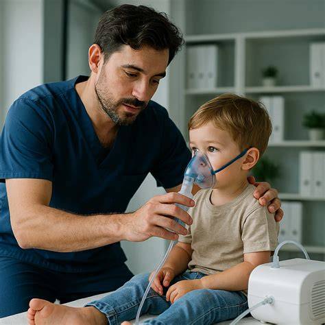 Bebé en fisioterapia respiratoria con un profesional