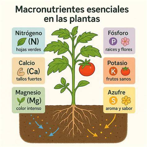 infografía sobre los macronutrientes esenciales (nitrógeno, fósforo, potasio) y sus funciones principales en el desarrollo de la planta
