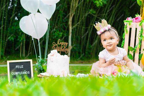 Foto de bebé celebrando su primer cumpleaños con un pastel saludable