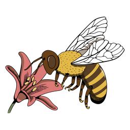 Ilustración de una abeja polinizando una flor, mostrando el polen adherido a su cuerpo