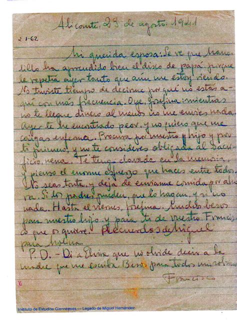 Carta escrita a mano por Miguel Hernández desde la prisión