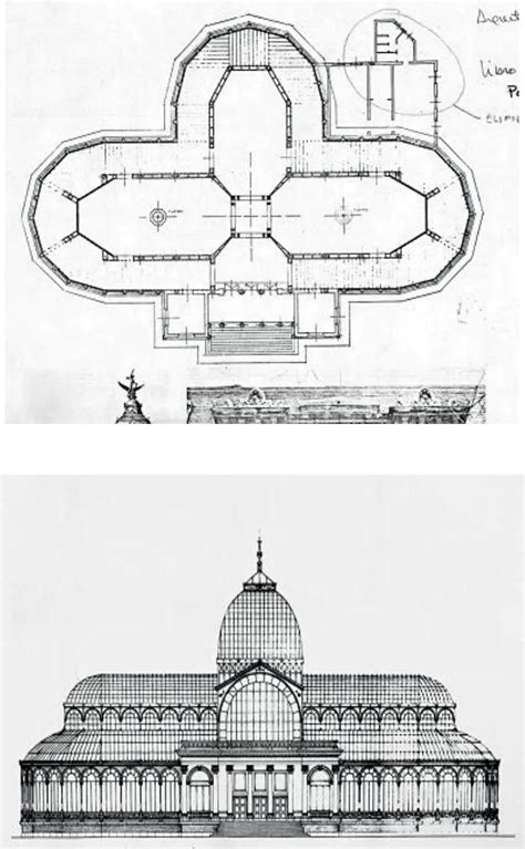 Diseño arquitectónico del Palacio de Cristal con su estructura de hierro y cristal