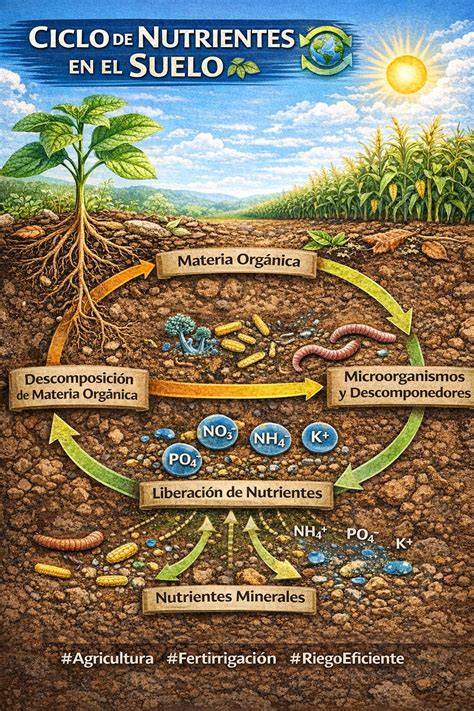 Infografía que muestra el ciclo de nutrientes: nitrógeno (hojas), fósforo (raíces/defensa) y potasio (floración/frutos)
