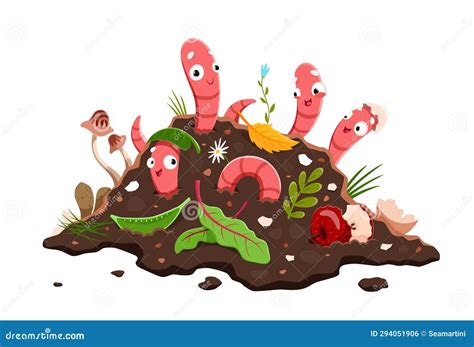 Ilustración de un ecosistema de vermicompostaje mostrando lombrices y materia orgánica