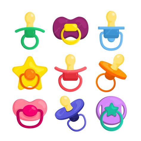 Ilustración que muestra diversos modelos de chupetes con diseños coloridos y personajes infantiles seguros para bebés
