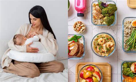 Mesa con alimentos saludables y agua para una madre lactante