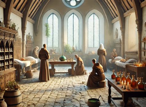 Ilustración histórica: Monjes elaborando licores en un monasterio