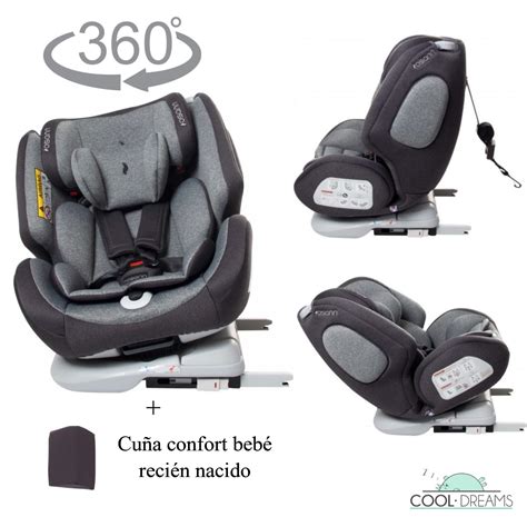 Silla de coche para bebé (Grupo 0+) instalada en un automóvil con sistema ISOFIX, mostrando al bebé en posición semi-sentada y arnés de seguridad.