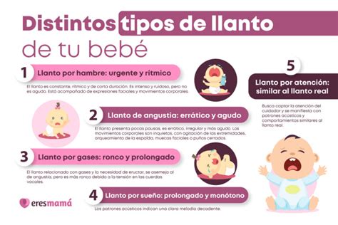 Infografía que muestra diferentes tipos de llanto de bebé y sus posibles causas.