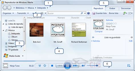 Esquema de la interfaz del Reproductor de Windows Media mostrando la barra de herramientas y el panel de navegación izquierdo