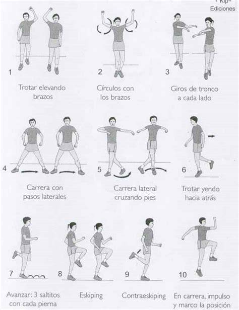 Esquema visual de una rutina de calentamiento general con diferentes ejercicios