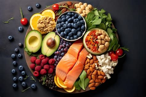plato con variedad de frutas, verduras y cereales integrales para una dieta rica en fibra