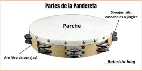 Ilustración detallada de las partes de una pandereta: aro, sonajas (ferreñas) y piel tensada.