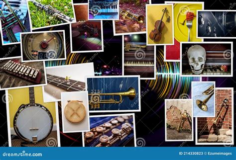 Montaje de fotos de bebés interactuando felizmente con diferentes instrumentos musicales, incluyendo una pandereta.