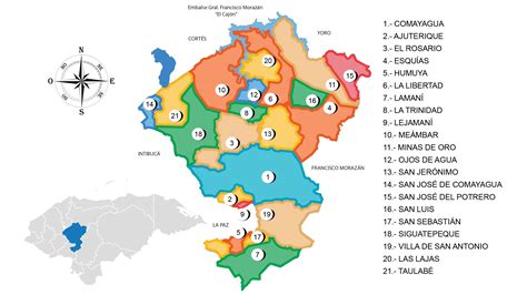 Mapa de Honduras destacando las tres zonas de estudio: Comayagua, Santa Rosa de Copán y Cuyalí el Paraíso.
