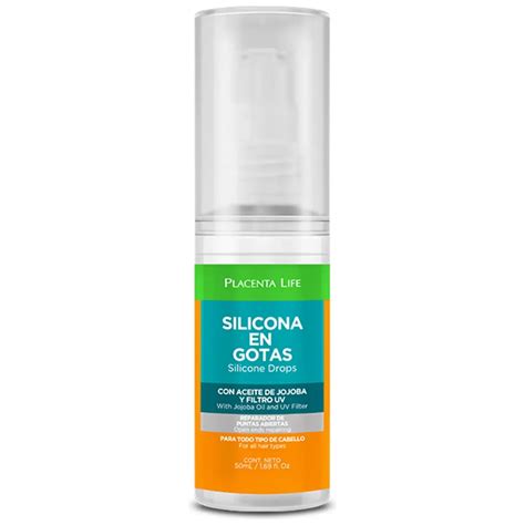 Fotografía de producto de Silicona en Gotas Placenta Life 50 ml enfocada en el envase y su textura ligera