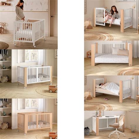 Infografía mostrando las diferentes transformaciones de la cuna convertible Converbaby Micuna en cama, sofá y escritorio.