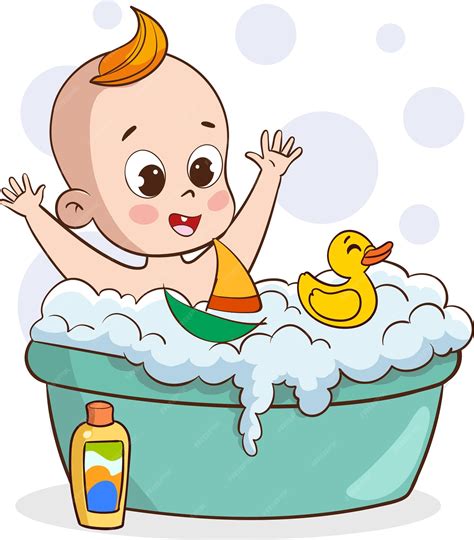 Ilustración de un bebé feliz durante el baño, con espuma suave