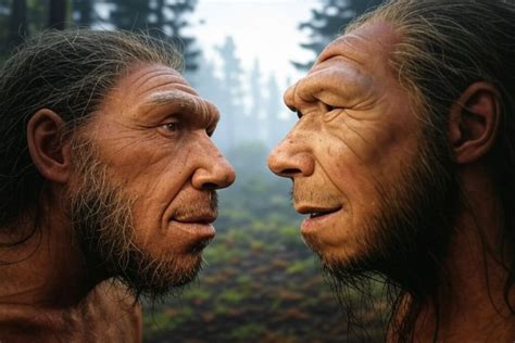 Recreación artística de Neandertales y Homo sapiens interactuando.