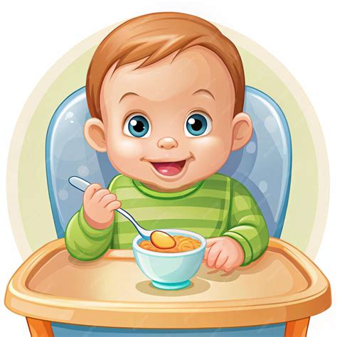 Ilustración de un bebé sonriendo mientras come una papilla saludable.