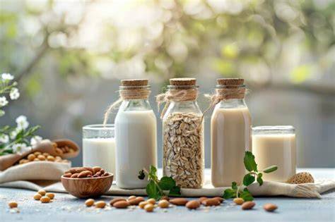 Varias botellas de leche vegetal (avena, almendra, coco) junto a un bol de polvo de matcha