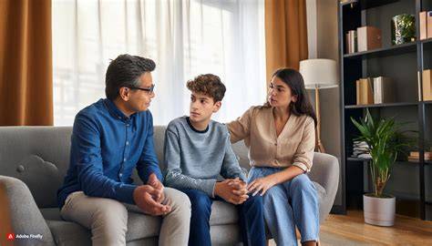 Padres conversando con su hija adolescente en un ambiente de apoyo