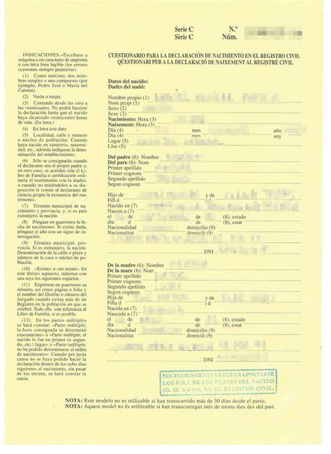 Formulario oficial de declaración de nacimiento en el Registro Civil