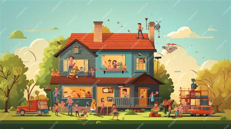 Ilustración de una familia viviendo junta en un espacio reducido pero con alegría.