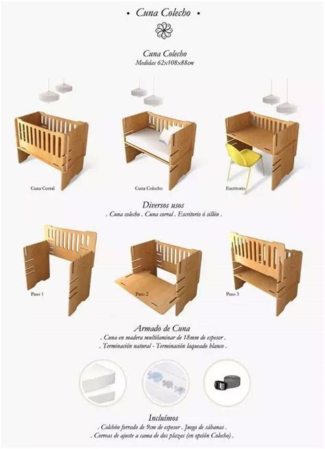 Infografía mostrando los diferentes usos de una cuna colecho convertible: cuna, sofá, escritorio.