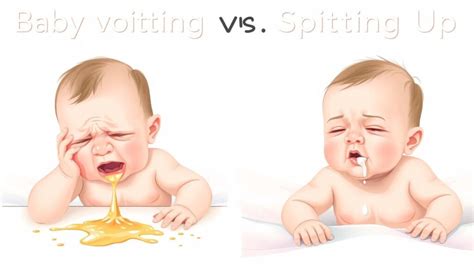 Diagrama que compara visualmente la regurgitación (flujo suave de leche) y el vómito (expulsión violenta de contenido gástrico).