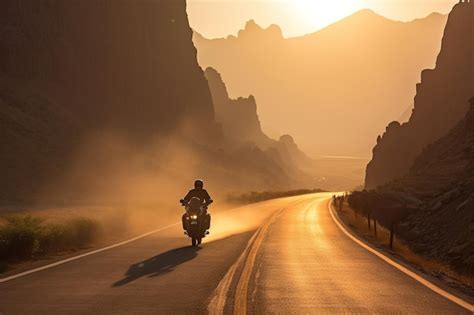Motociclista conduciendo por una carretera escénica con el sol poniente