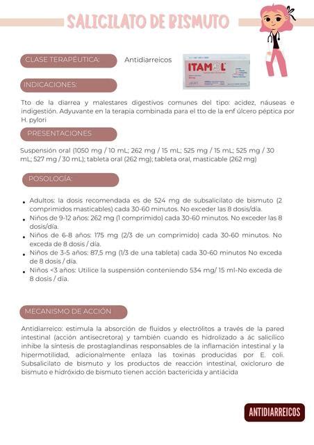 Infografía de dosis pediátricas de subsalicilato de bismuto por edad