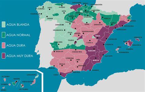 Mapa de España indicando las zonas con agua dura y blanda