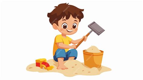 Fotografía de un niño jugando tranquilamente solo con un cubo y una pala en la orilla del mar